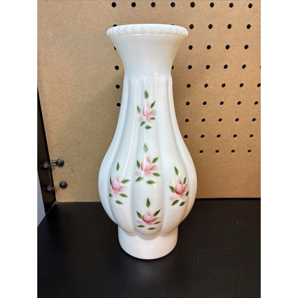 Vintage Lamp Chimney Milk Glass Melon Ribbed Hand Painted Shade 9.5” Tall